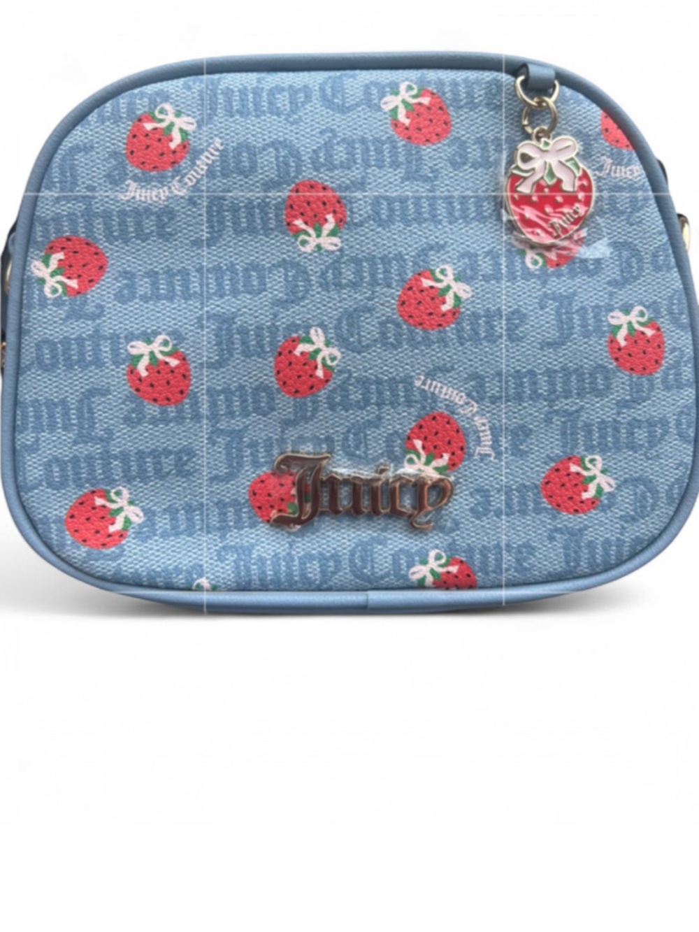 Juicy Couture Blue Logo + Strawberry Print crossbody handbag with bag charm NWT